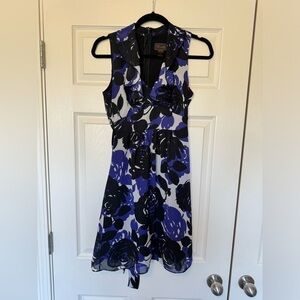 Trulli Dress purple black and white rose print ruffle neck dress